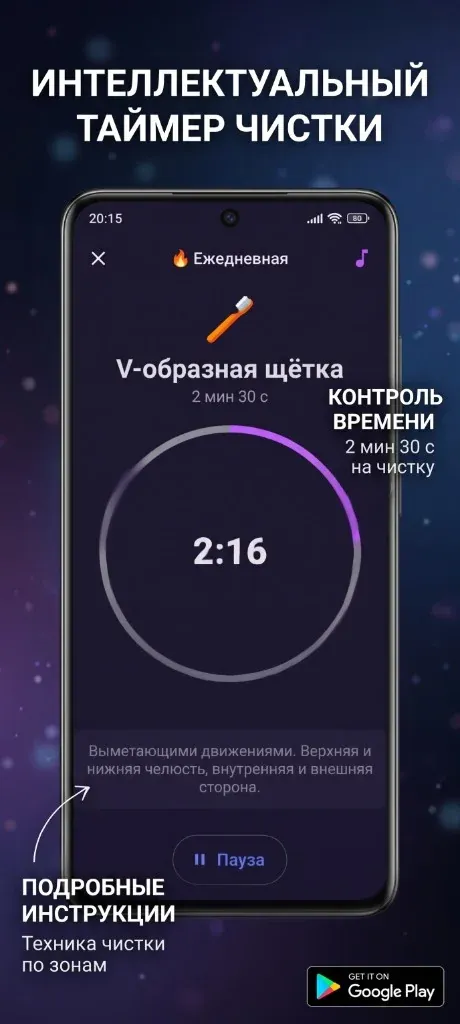 Таймер чистки с инструкцией по зонам и V-образной щётке